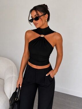 Elegant Black Twist-Front Halter Camisole with Gold Accent